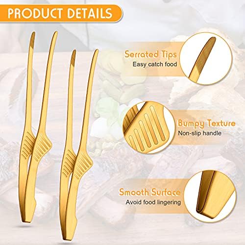 Patelai 2 Pieces Korean and Japanese BBQ Tongs Non Slip Cooking Utensils Stainless Steel Tongs for Serving Food, Salad, Camping, Barbecue, Buffet, Oven with Support Stand (Gold)