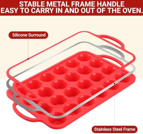 Redfly Silicone Mini Muffin Pans for Baking 24 Cup with Steel Frame Non-Stick,2Pack Small Cupcake Pan, Food Grade, Easy Release,Dishwasher Oven Freezer Microwave Safe for Muffin Tin Cake Pop Molds