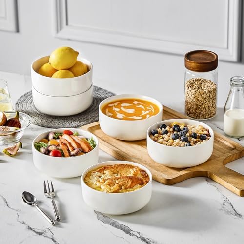 MALACASA 24 OZ Cereal Bowls, Porcelain Soup Oatmeal Bowls Set of 6, Kitchen Ceramic Serving Bowl, Dishwasher Microwave Oven Safe, White, Series LUNA (Pack of 3)