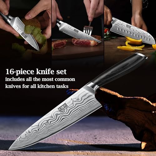 HOSHANHO 16-Piece Knife Set with Block, Ultra Sharp Kitchen Knife Block Set