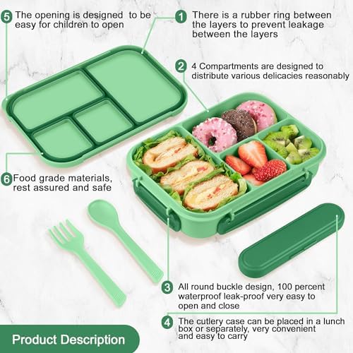 Amathley Lunch Box Kids,Bento Box Adult,Leakproof Lunch Containers for Adults/Kids/Toddler,1200ML-4 Compartments bento Lunch box with Utensil,Microwave & Dishwasher & Freezer Safe (Cyan)