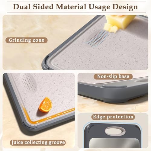 GUANCI Cutting Board for Kitchen, Non Toxic 2-in-1 Double Sided Design, 304 Food Grade Stainless Steel & Wheat Straw PP Chopping Board for Meat & Vegetables, Durable Kitchen Essential, Large 16”×11”