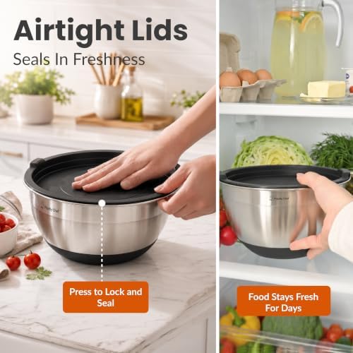 Priority Chef 6Pc Stainless Steel Mixing Bowls with Lids Set, Huge 7 Qrt Size Metal Bowl Set for Kitchen, 3 Graters, Non-Slip Bases & Silicone Utensils Set, Black
