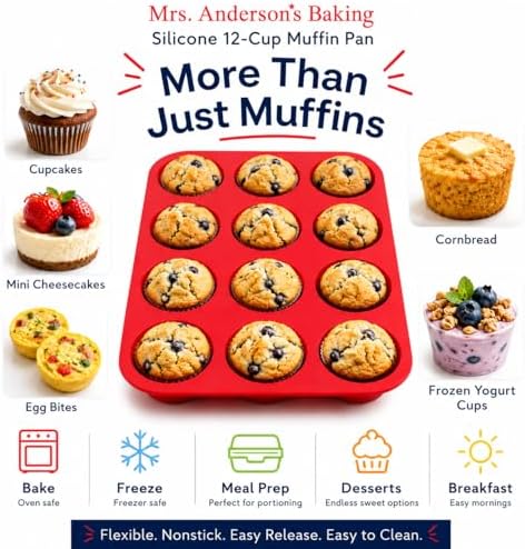Mrs. Anderson's Baking Silicone 12-Cup Muffin Pan Baking Mold, BPA Free, Non-Stick European-Grade Silicone, 13.5 x 10 x 1.25-Inches