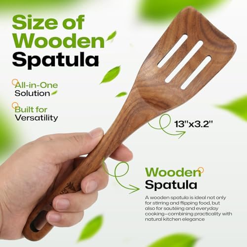 AIUHI Wooden Slotted Spatula for Cooking, Non Toxic Teak Wood Spatula Turner, Slotted Spatula for Cooking with Thick Handle, Comfortable Grip, Heat Resistant and Non Stick