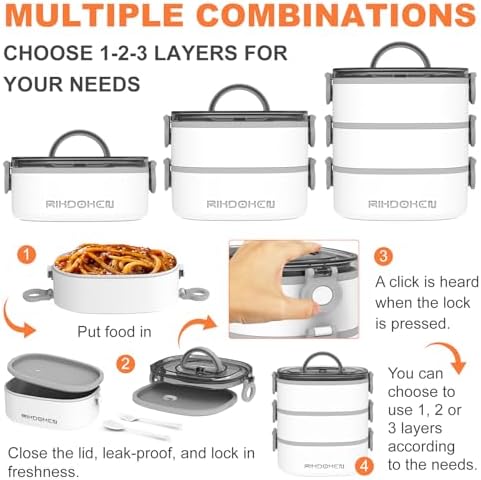 RIKDOKEN Lunch Box, Stackable 3 Layers Containers, Portable 94OZ Large Capacity Leakproof Bento Box with Spoon & Fork & Sauce Boxes, Microwave Safe Lunch Box for Kids and Adults