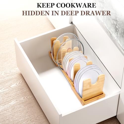 Bamboo Expandable Pot Lid Organizer, Pots and Pans Holder Rack for Cabinet