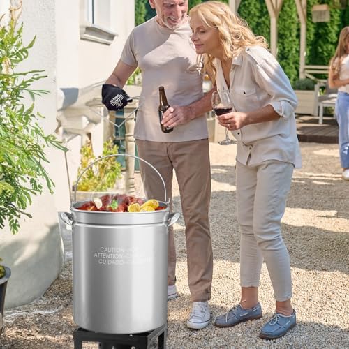 Bonnlo 62QT Stainless Steel Stock Pot for Boiling Seafood, Crawfish lobster & Crab, Frying Turkey & Steaming Tamales, Large Boil Pot with Steamer Basket, Lid, Lifting Hook for Outdoor Cooking Backyard