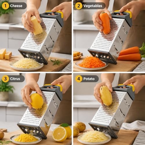Cheese Grater, 4-Sided Box Grater with Handle, Stainless Steel Graters, Vegetable Slicer, Kitchen Food Shredder for Grate Cheeses, Shred Veggies Kitchen Gadgets Tools(9.25inch)