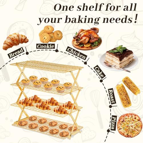 Pleafind 4 Tier Gold Collapsible Cooling Rack - 3 Setting Design, Adjustable ＆ Stackable Baking Rack, 5 Modes Cooling Racks for Cooking and Baking, Roasting ＆ Grilling Gifts for Picnic Party