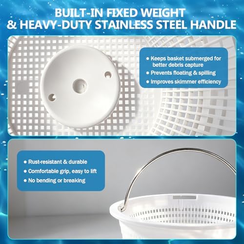 2 Pack Pool Skimmer Baskets Replacement for Inground Pool Compatible with Hayward SP1070 / SP1070E and U-3, Heavy-Duty with 316 Stainless Steel Handle and Built-in Weight for Filtering Debris