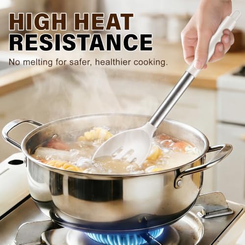 3Pcs Silicone Cooking Spoon Set, Kitchen Utensils Include Solid & Slotted Spoon, Soup Ladle, Food-Grade Heat Resistant 446°F, Non-Scratch Spoons for Serving, Stirring, Draining, Dishwasher Safe, Beige