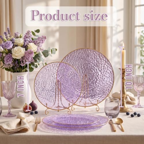 Rubtlamp 60Pcs Clear Purple Gold Plastic Plates, Purple Disposable Plates With Gold Rim, Hammered Plastic Plates Include 30 Clear Dessert Plates, 30 Dinner Plates for Party