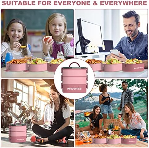 RIKDOKEN Lunch Box, Stackable 3 Layers Containers, Portable 94OZ Large Capacity Leakproof Bento Box with Spoon & Fork & Sauce Boxes, Microwave Safe Lunch Box for Kids and Adults