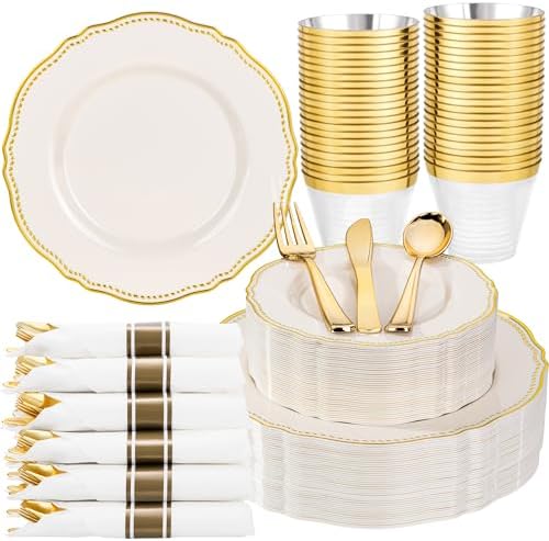 Hioasis 175 Pcs Ivory Gold Plastic Plates Wedding & Party