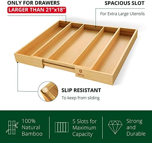 ROYAL CRAFT WOOD Luxury Bamboo Kitchen Drawer Organizer - Silverware Organizer - Utensil Holder and Cutlery Tray with Grooved Drawer Dividers for Flatware and Kitchen Utensils (5 Slot, Natural)