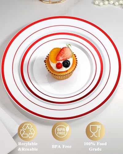 Goodluck 200 Pack Red Rim Plastic Plates - 100 Dinner Plates (10.25") & 100 Dessert Plates (7.5") - Heavy Duty Disposable White Plates with Elegant Red Trim - Premium Dinnerware Set for Wedding