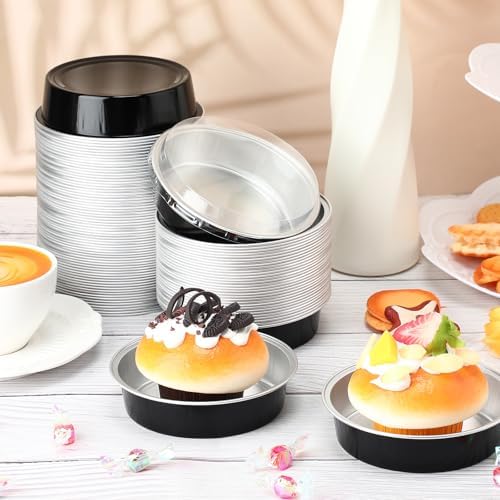 Yinder 8 oz Disposable Creme Brulee Ramekins with Lids, 4 Inch Mini Pie Tins Aluminum Foil Pie Tart Cake Baking Pans Individual Round Containers Oven Safe(Black & Silver,120 Pcs)