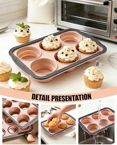 Silicone Muffin Pan for Baking with Metal Frame， Nonstick Cupcake Pan, 6 Cup Baking Pan for Cupcake, Tarts, Egg Bites(6 Cup Pink)