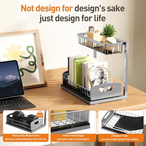Under Kitchen Sink Organizer, Metal Pull Out Bathroom Organizers and Storage, 2-Tier Cabinet Organizer Shelf with Sliding Drawer, Home Organization for Kitchen, Laundry, Pantry, Light Grey, 2 pack