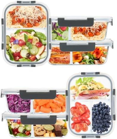 2 & 3 Compartment Glass Meal Prep Containers 6 Pack, 34oz Lunch Containers