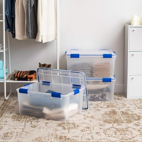 IRIS USA 3-Pack 60 Qt Storage Bins with Gasket Lids, Clear/Blue