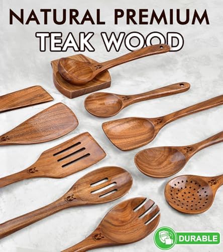 12Pcs Soft Grip Teak Wooden Utensil Set, Durable Spoons for Family Kitchen