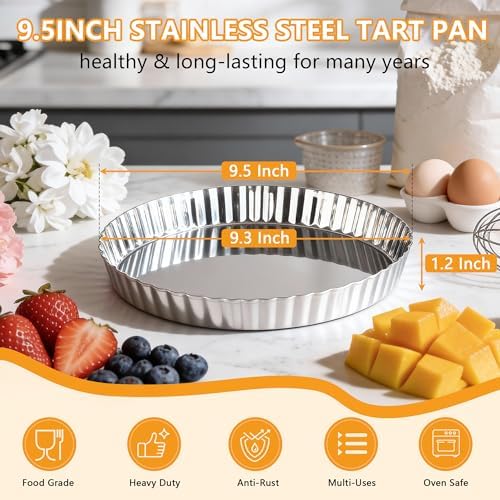 TeamFar Tart Pan, 9.5 Inch Stainless Steel Round Tart Pie Pan, 1PC