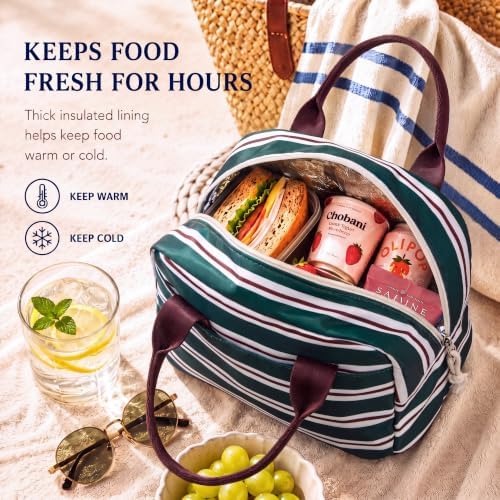 LOVELYWIND Lunch Box for Women, Insulated Lunch Bag, Green Striped Tote