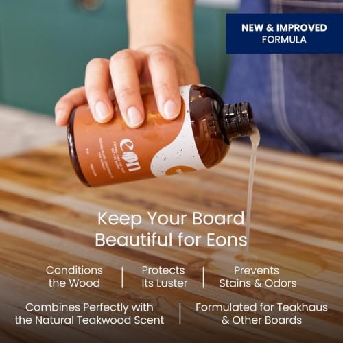 Teakhaus Cutting Board and EON Cutting Board Oil Set - Large (L) Teak Wood Chopping Board & Food-Grade Mineral Oil - 20”L x 15”W x 1.5” Thick - FSC Certified
