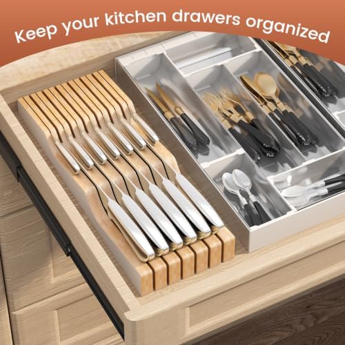 In-Drawer Knife Block Organizer - Bamboo Wood Drawer Knife Organizer-Protecting Knife Organizer Block (Not Included) (White, 13 Knives Dock)