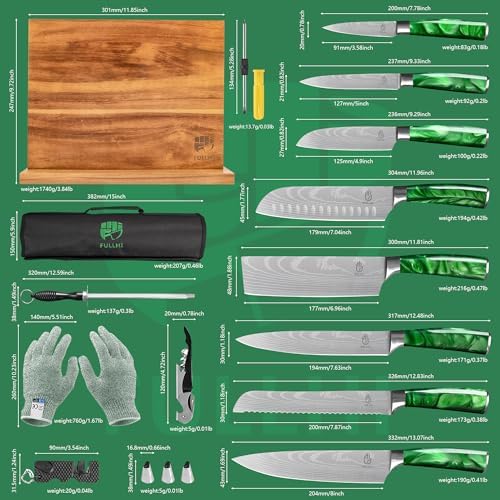 FULLHI 15pcs Japanese Knife Set with Magnetic Knife Block Holder, Japan Stainless Steel Blades, Green Resin Ergonomic Handles for Professional and Home Cooking