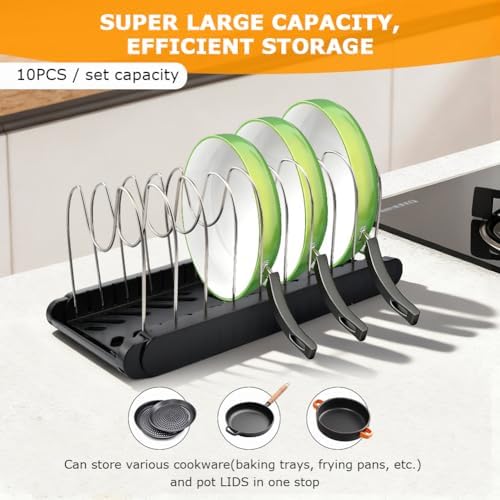 Pot and Pan Organizer, Expandable Pan Organizer for Cabinet, Black