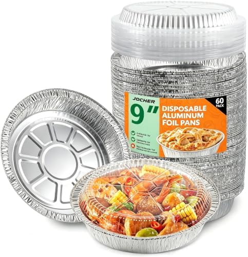 60 Pack 9” Round Aluminum Pans with Clear Lids, Disposable Foil Pie Pans with Lids, Pie Tins Disposable, Freezer & Oven Safe for Storing, Baking, Meal Prep & Reheating