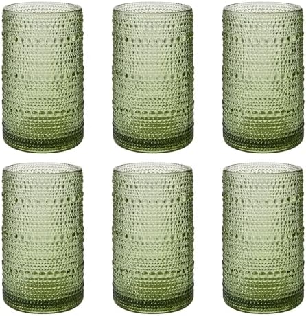 Vintage Hobnail Drinking Glasses Set of 6, 16 oz Large Capacity Embossed Green Tumblers, Highball Glasses for Water, Cocktail, Beer, Whiskey, Kitchen & Bar Use