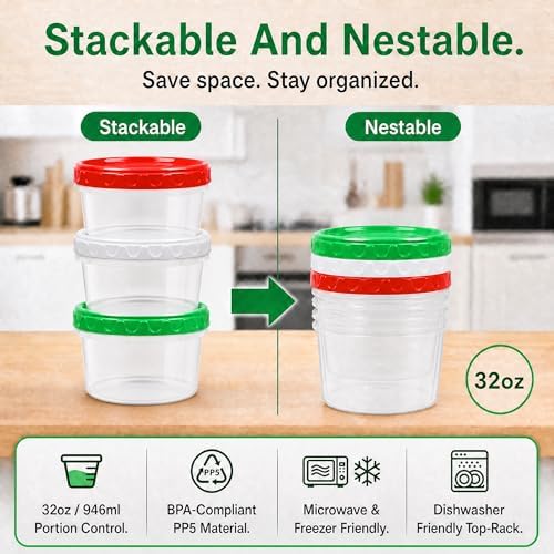 EONJOE 32oz Plastic Freezer Food Leftovers Containers with Lids, 12pcs