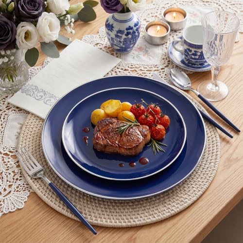 KIRE 175Pcs Blue Plastic Plates with Silver Rim & Disposable Silverware with Blue Handle & Silver-rim Cups & Hand Napkin & Plastic Dinnerware for Parties/Wedding