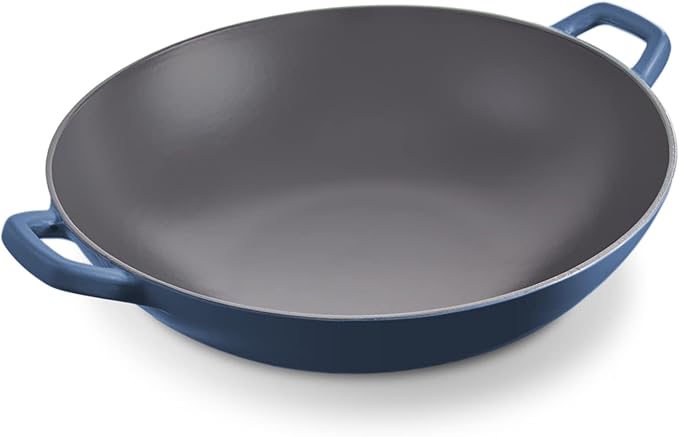 Zakarian By Dash 14” Nonstick Cast Iron Wok for Restaurant Quality Stir Fry, Seafood, Deep Frying, and Steaming - Blue