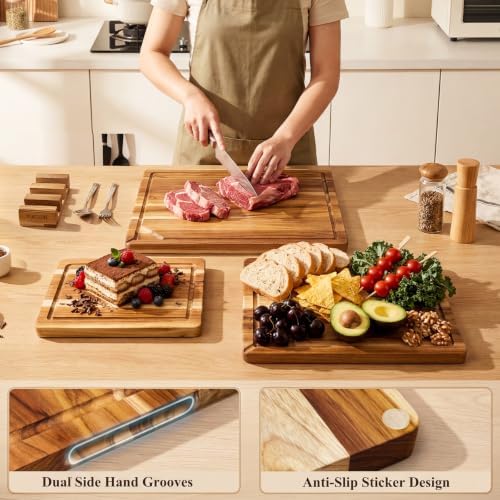 Kikcoin Teak Wood Cutting Board for Kitchen with Storage Stand, Pre-Oiled Wooden Cutting Board Set of 3, Large Butcher Block Charcuterie Boards with Juice Groove for Meat, Cheese, Pizza