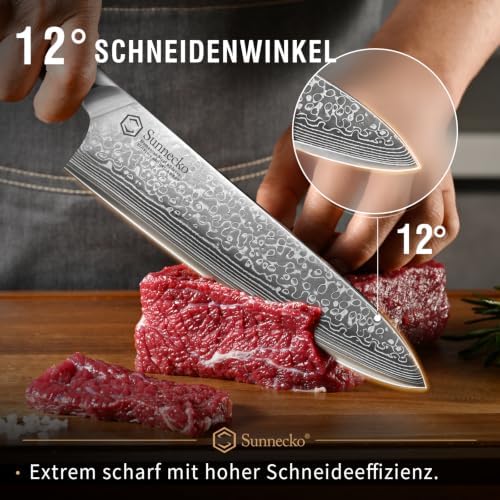 Sunnecko 7-Piece Damascus Kitchen Knife Set with Block, VG10 Core, Forged
