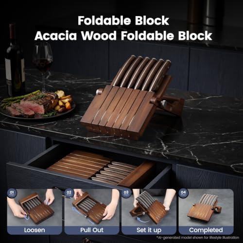 SYOKAMI 2026 Upgrade Steak Knives Set of 6 with Acacia Wood Foldable Block