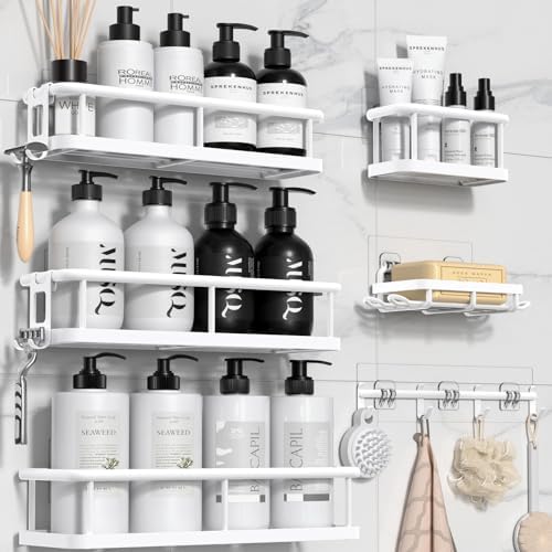 YASONIC Shower Caddy Adhesive, Rustproof Shower Organizer with Soap Holder, Large Capacity Shower Shelves for Inside Shower, No Drilling Bathroom Organizers and Storage for Home Decor（6 Pack White）