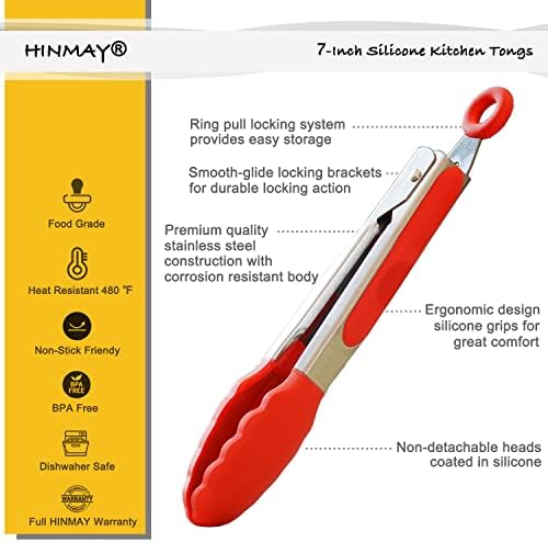 HINMAY 7" Mini Silicone Tongs Small Serving Tongs, Set of 3 (Red)