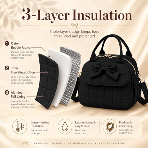 LEDAOU Lunch Box for Women Insulated Lunch Bag Corduroy Lunch Tote Bags Leakproof Cooler Lunch Case for Travel Work Picnic (A-Upgrade -Black)