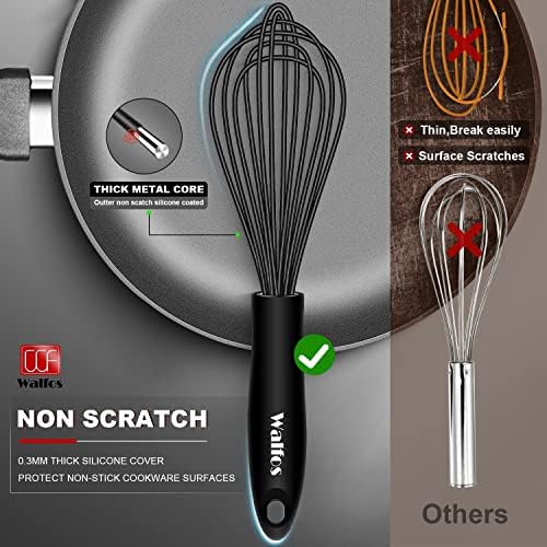Walfos Whisk Silicone Whisks set, Non Scatch Coated Whisks for Cooking and Baking, Heavy Duty Set of 4 Kitchen Whisk - 11'' Flat Wisk and 7''+10''+12'' Balloon.