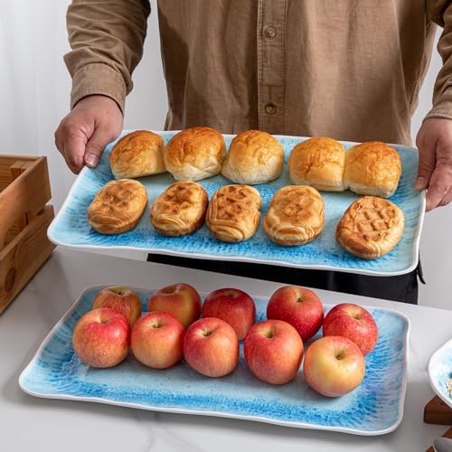 Large Farmhouse Melamine Serving Trays, Set of 2, 17 x 10 inches Serving Platters for Food Serving, Durable and Dishwasher Safe BBQ Tray, Reactive Blue