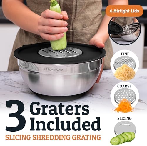 Priority Chef 6Pc Stainless Steel Mixing Bowls with Lids Set, Huge 7 Qrt Size Metal Bowl Set for Kitchen, 3 Graters, Non-Slip Bases & Silicone Utensils Set, Black