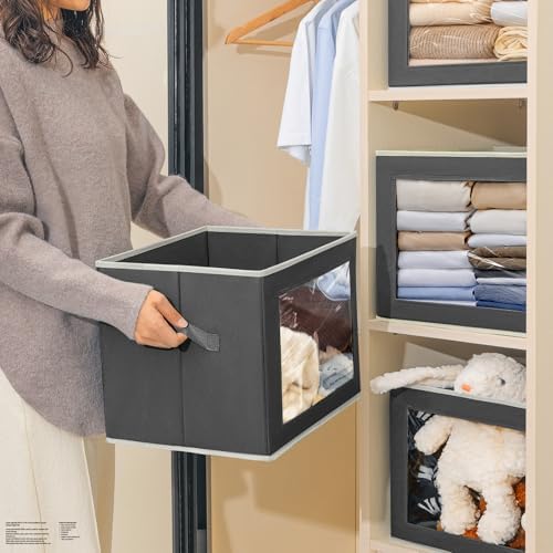 Homsorout Stackable Storage Bins with Lids - Large Storage Box with Lids, Foldable Closet Boxes for Organizing, Wardrobe Clothes Organizer with Window, Cubes Bins for Living Room, 4 Pack, Dark Grey