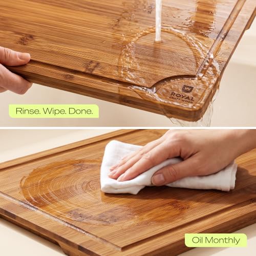 ROYAL CRAFT WOOD Wooden Cutting Boards for Kitchen Meal Prep & Serving - Bamboo Non Toxic Cutting Board Set with Deep Juice Groove Side Handles - Charcuterie & Chopping Butcher Block for Meat (2 Pcs)