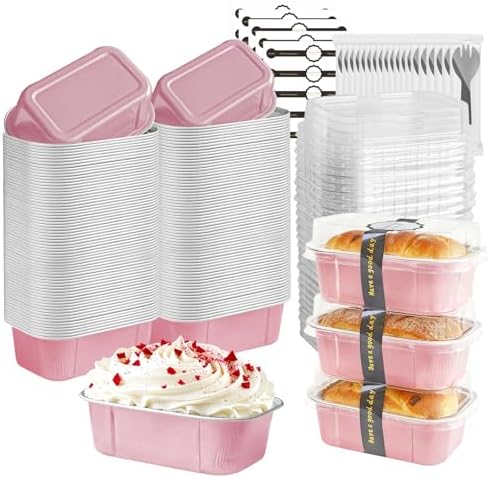 Mini Cake Pans With Lids And Spoons,5.5 oz Rectangle Mini individual Loaf Pans Disposable Aluminum Foil Small Baking Cups Tins (100, Pink)